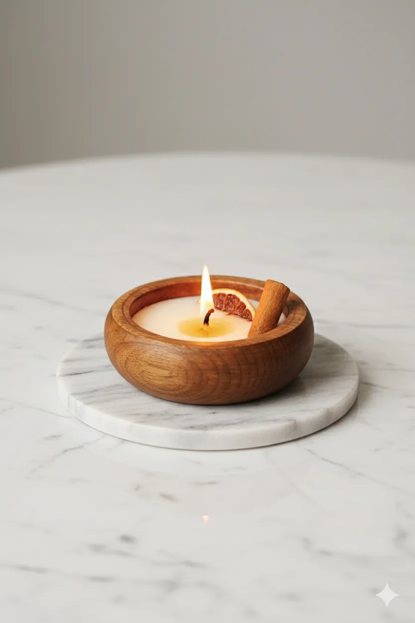 Ahşap Kaseli Doğal Soya Mum – Tarçın & Portakal Aromalı