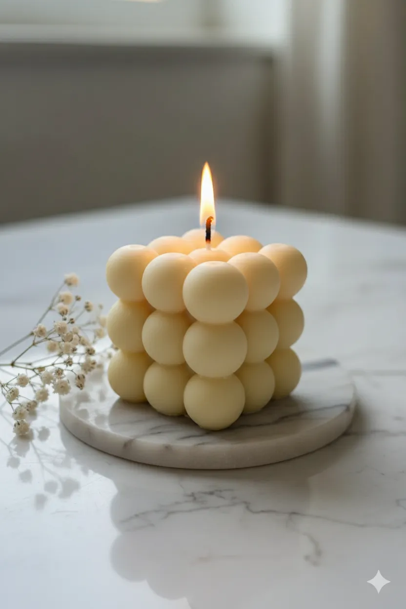 Küçük Boy Bubble Mum (Krem/Ekru) | Küp Şeklinde Kabarcık Tasarım Dekoratif Mum