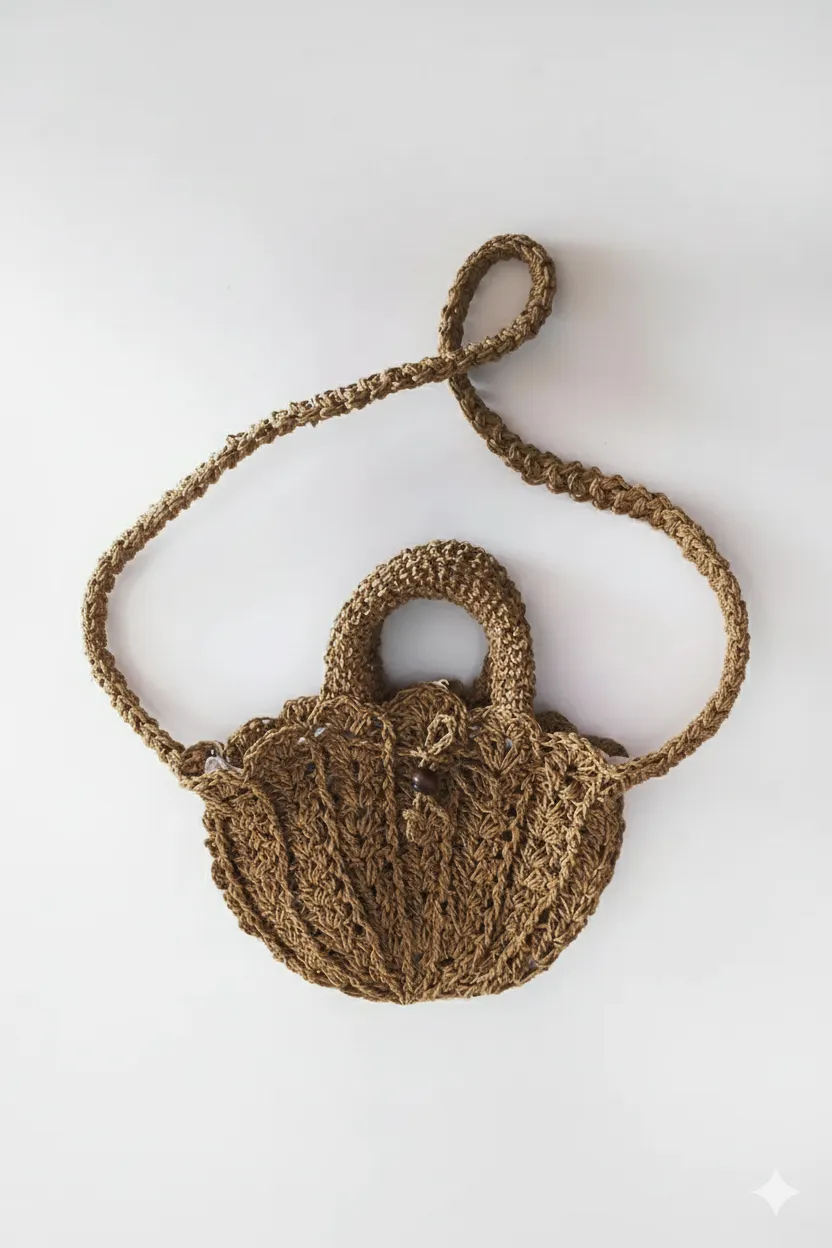 Kahverengi Kağıt İp Örgü Midye Çanta - Astarlı, Mıknatıslı, El Emeği