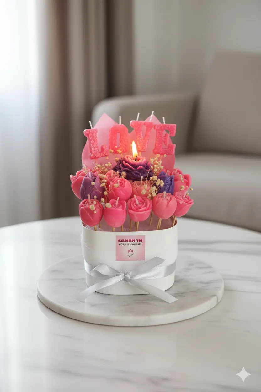 Love Temalı Çiçek Buketi Dekoratif Mum Aranjmanı