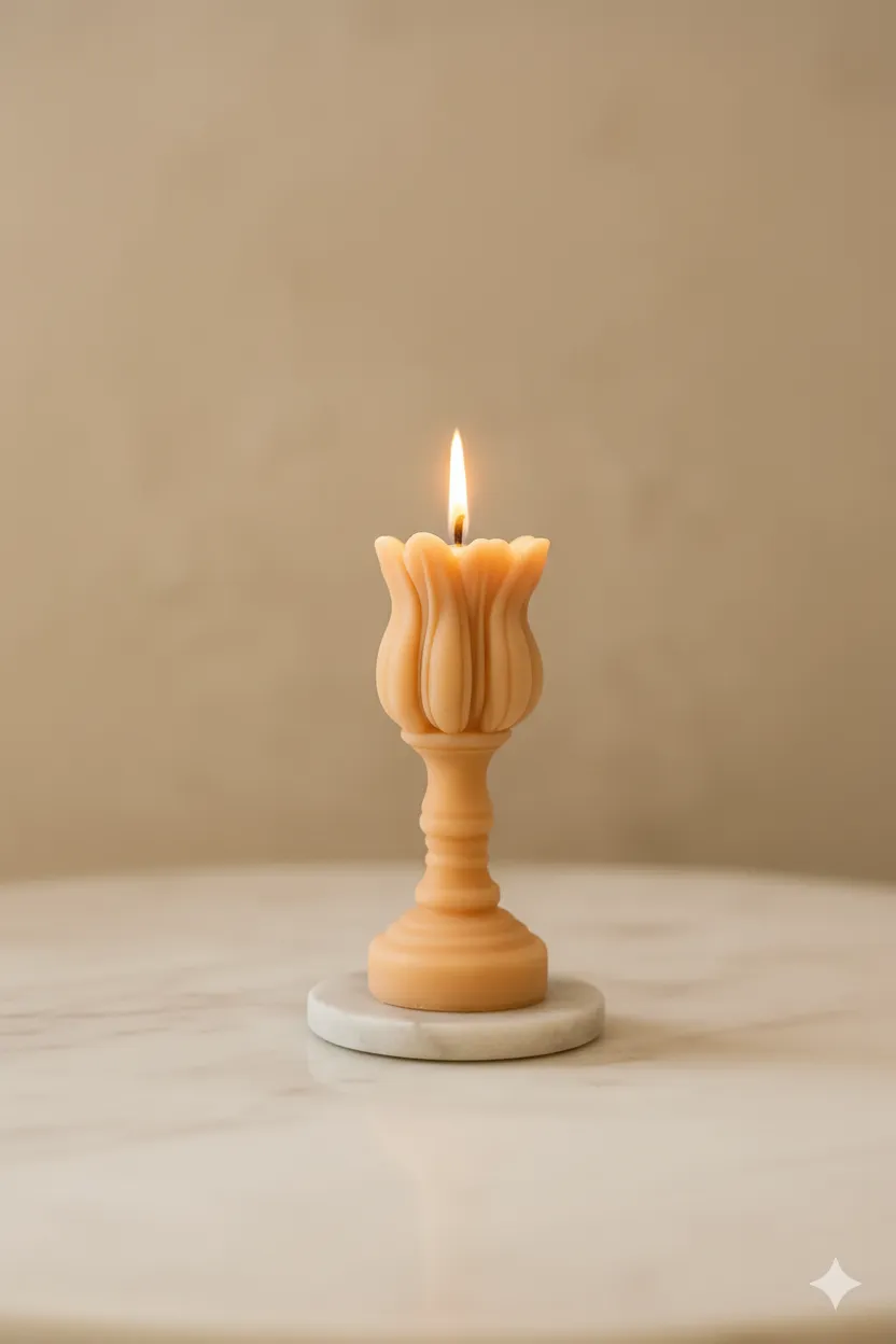 Şeftali Tonlarında Lale Tasarımlı Dekoratif Mum - El Emeği