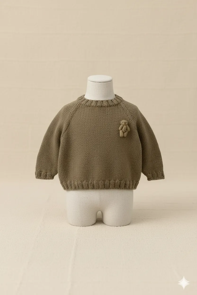 Ayıcık Detaylı Kahverengi Triko Kazak (2–4 Yaş)