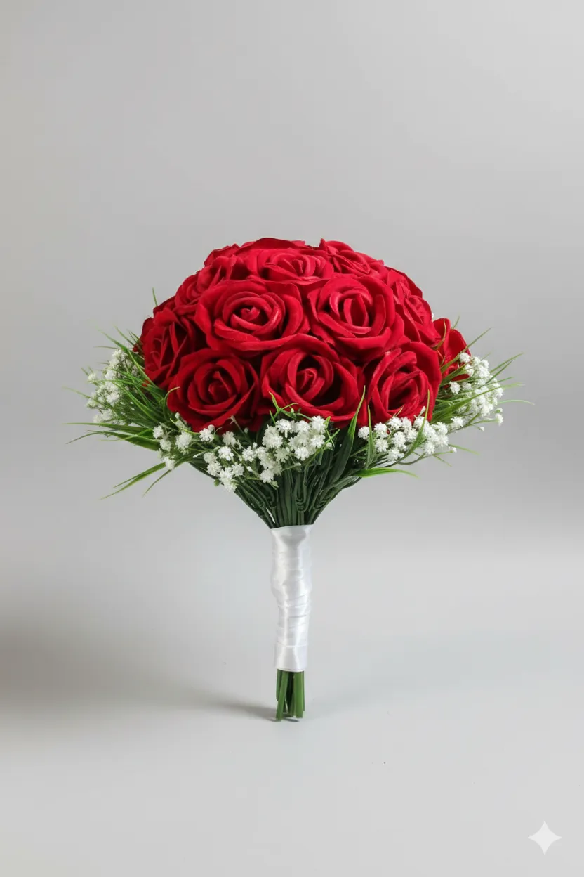 Kırmızı Gül ve Beyaz Cipso Gelin Buketi - Düğün Nişan Buketi