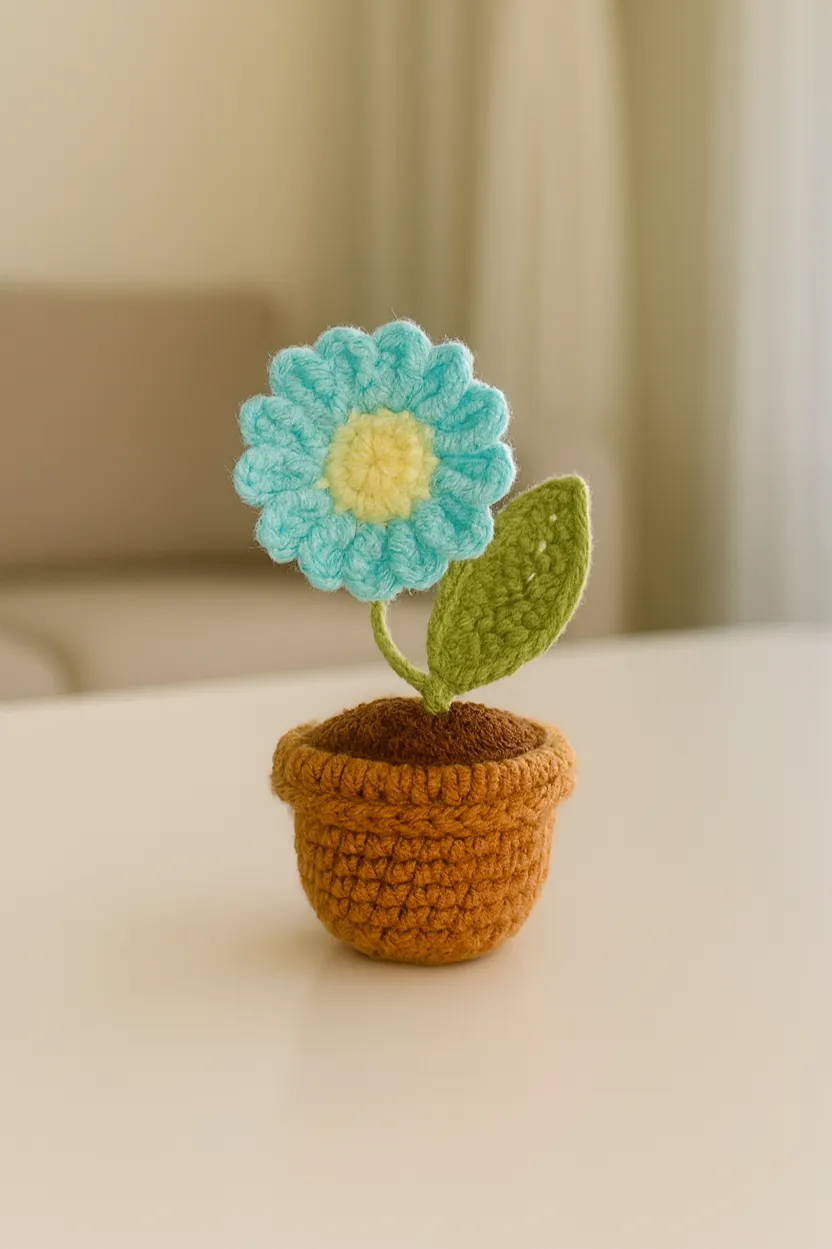 Handmade Light Blue Daisy Flower Knitted Pot - Decorative Mini Size