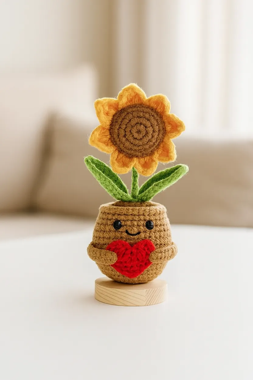 Örme Kalp Detaylı Sevimli Ayçiçeği Saksı - Amigurumi El Emeği