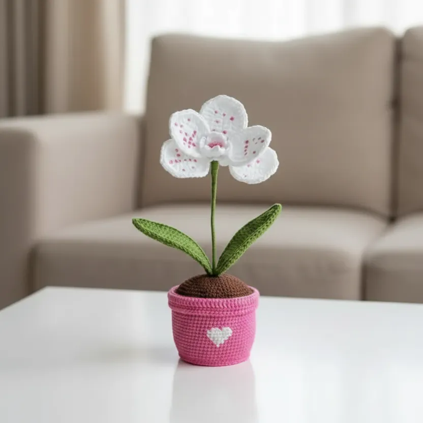 Örgü Saksıda Orkide Tek Çiçek - Pembe Saksı ve El Emeği
