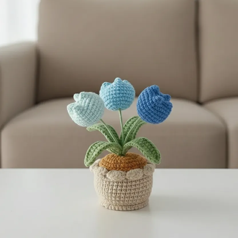 Mavi Tonlarında Amigurumi Lale Buketi - El Emeği Dekoratif Çiçek