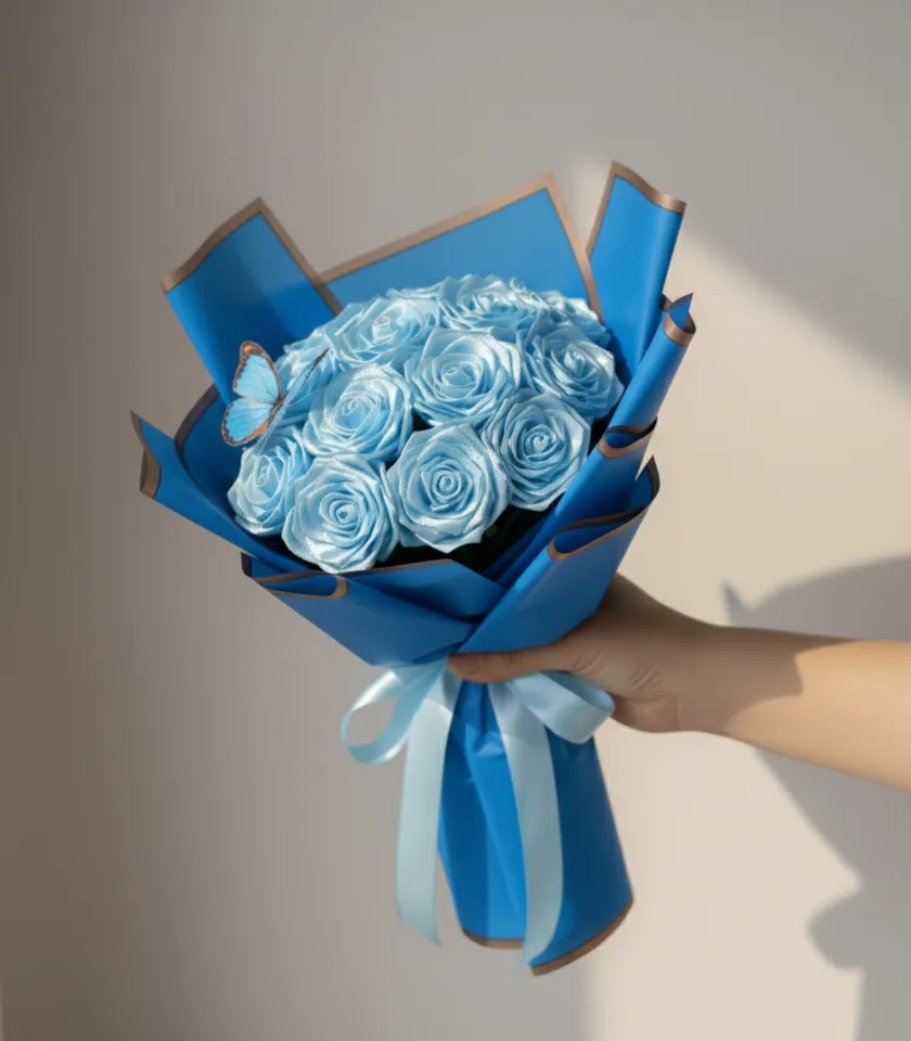 Solmayan Bebe Mavi Gül Buketi - Saten Kurdele, El Yapımı