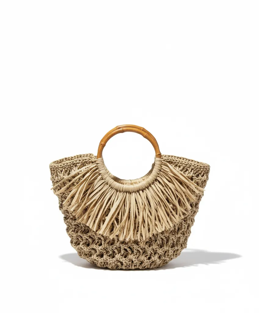El Yapımı Hasır Kağıt İp Plaj Çantası - Bambu Saplı, Astarlı, Şık Tasarım