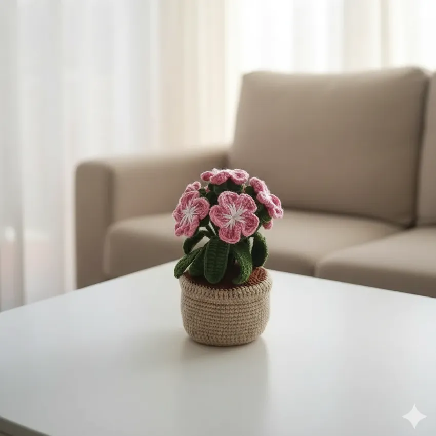 Pembe Çiçekli Örgü Saksı - Öğretmenler Günü Hediyesi - El Emeği