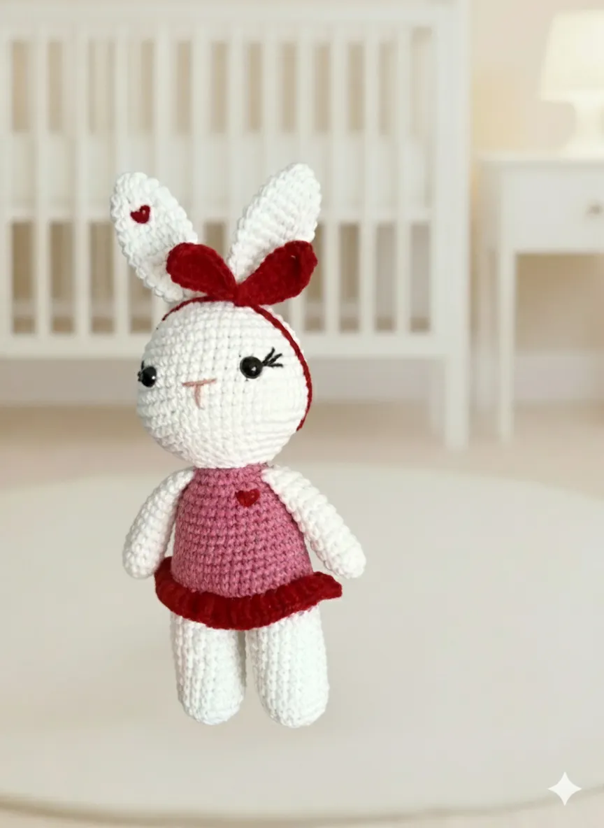 Kırmızı Kalpli Amigrumi Örgü Tavşan