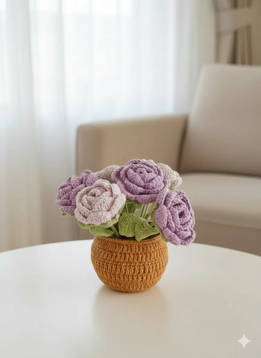 El Yapımı Büyük Boy Lila Ve Pembe Renkli 6'Lı Gül Buketi Saksıda