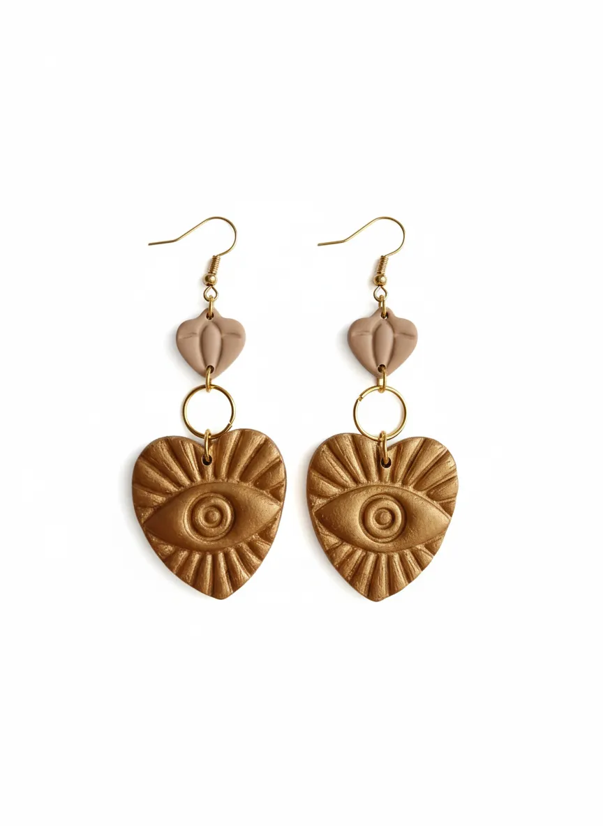 Gold Colored Heart Design Polymer Clay Earring