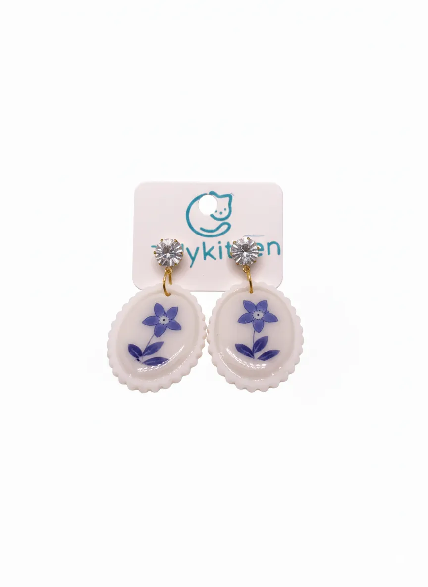 Handmade Blue Floral Patterned Oval Earrings - Stylish and Elegant Accessory