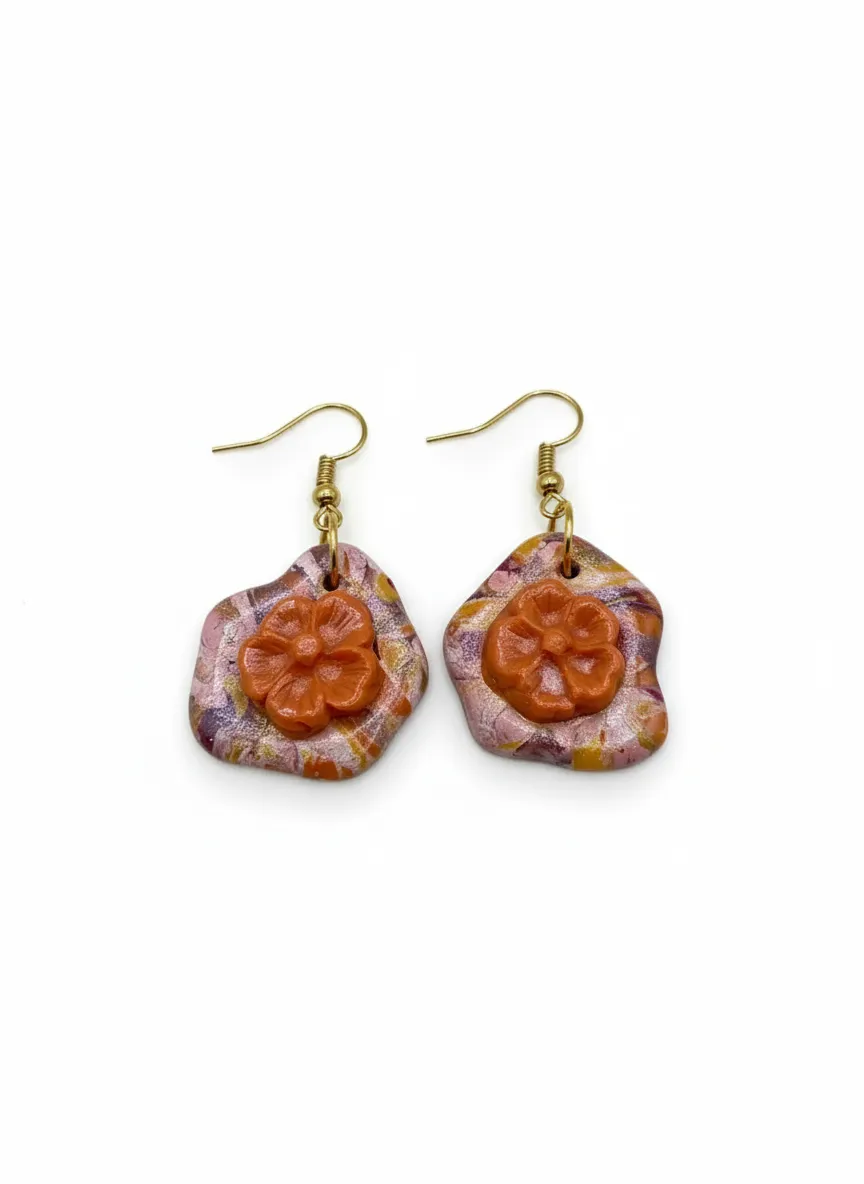 Orange Flower Detailed Handmade Earring - Claykitten Design