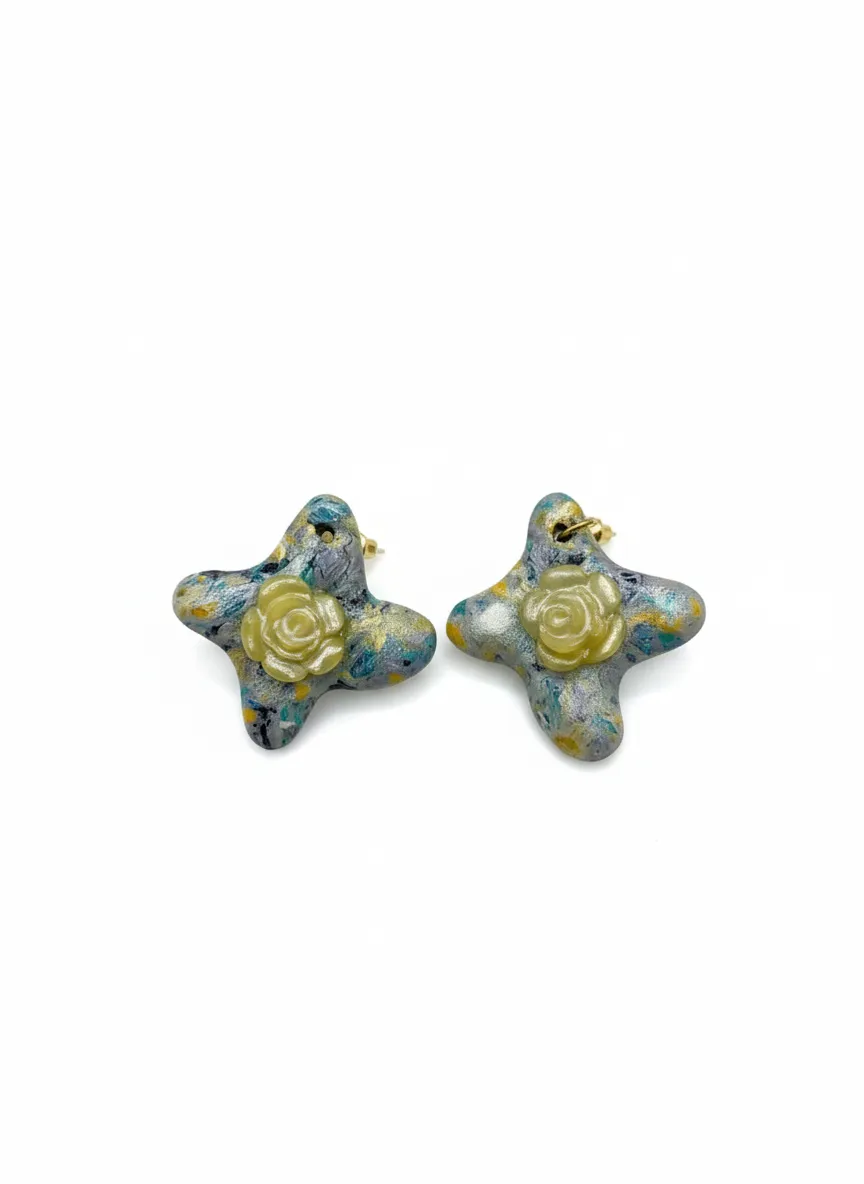 Handmade Star Design Güllüm Earrings - Colorful Polymer Clay and Gold Detailed