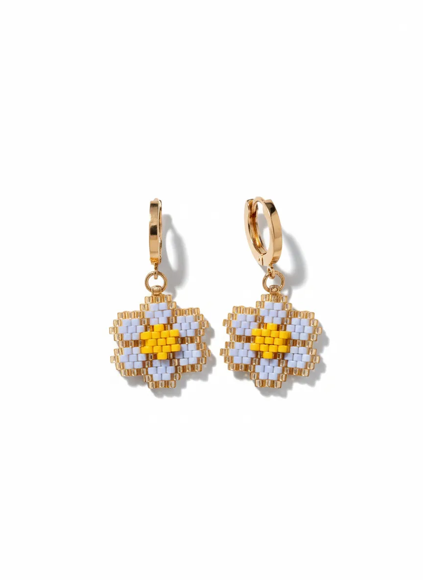 Miyuki Beaded Flower Motif Hoop Earrings - Handmade Design