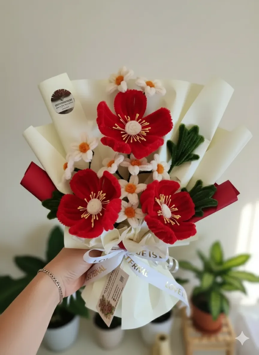 Red Chenille Poppy and Daisy Bouquet - Handmade Custom Design