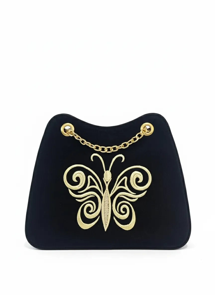 Kadın Siyah Kadife Kelebek Desenli Zincir Askılı Omuz Çantası