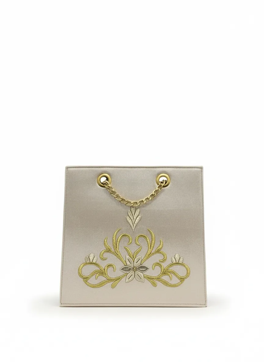 Kadın Bej Kadife Çiçek Desenli Zincir Askılı Omuz Çantası