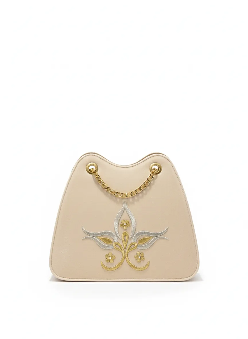 Kadın Bej Kadife Çiçek Motifli Zincir Askılı Omuz Çantası