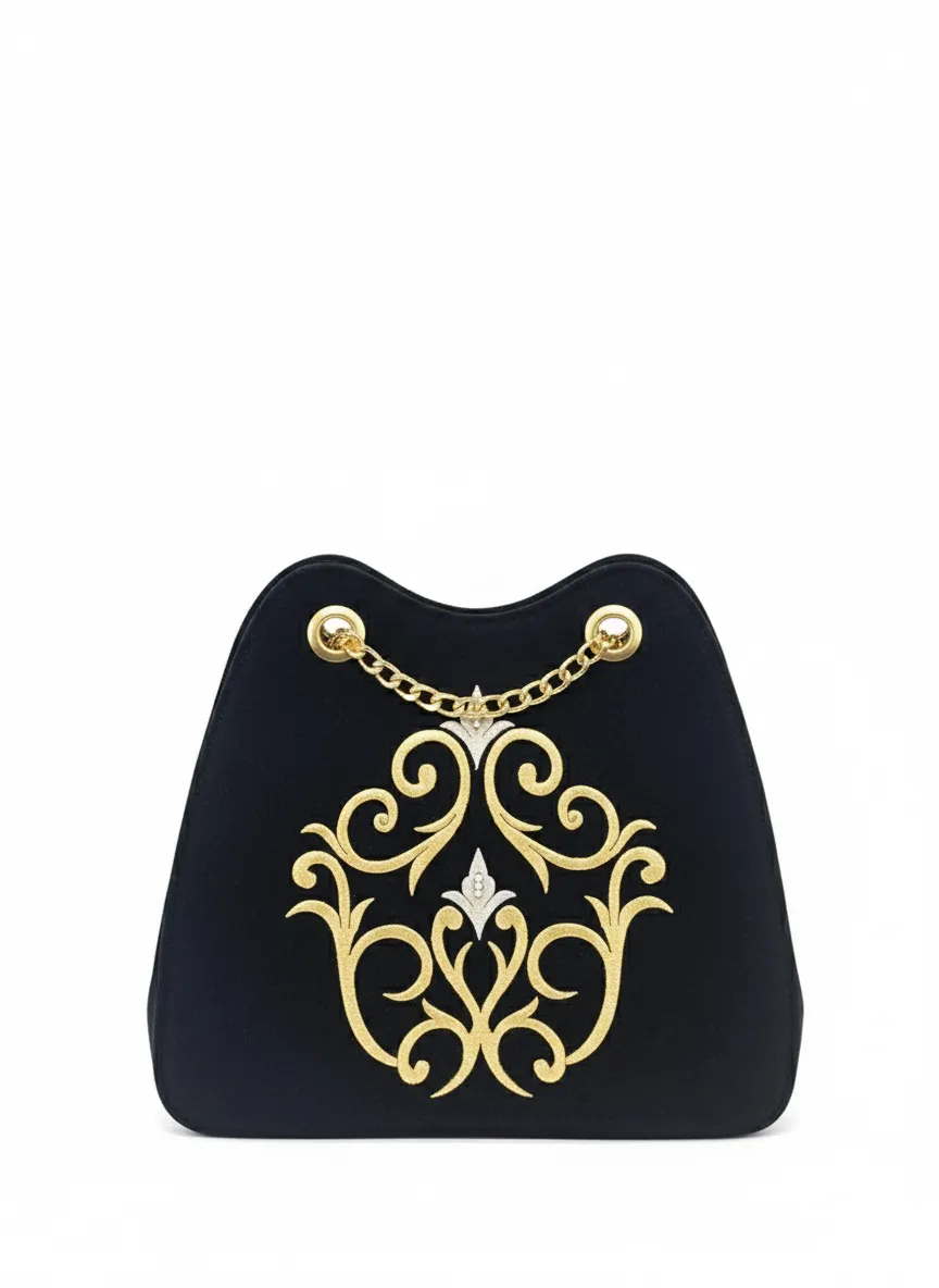 Women's Black Velvet Embroidered Chain Strap Shoulder Bag