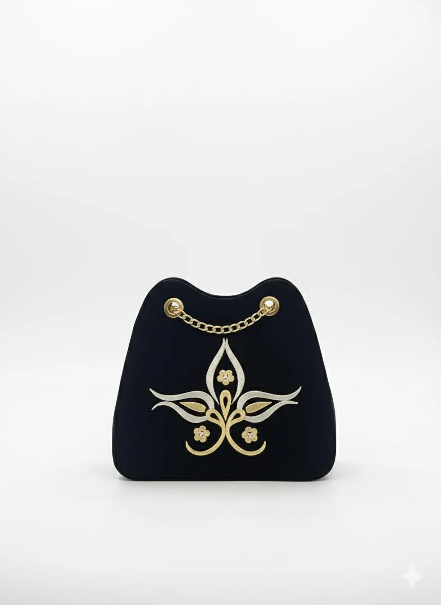 Women's Black Velvet Floral Motif Chain Strap Shoulder Bag