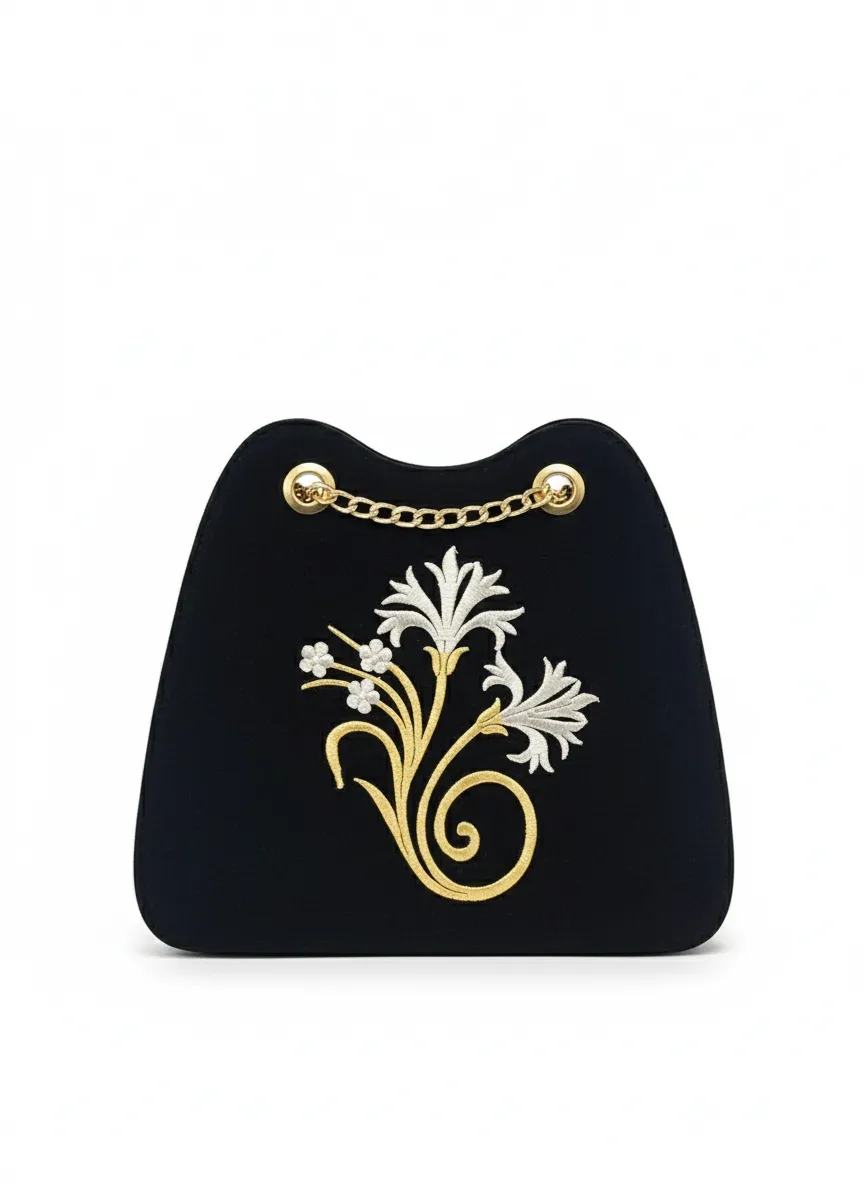 Kadın Siyah Kadife Çiçek İşlemeli Zincir Askılı Omuz Çantası