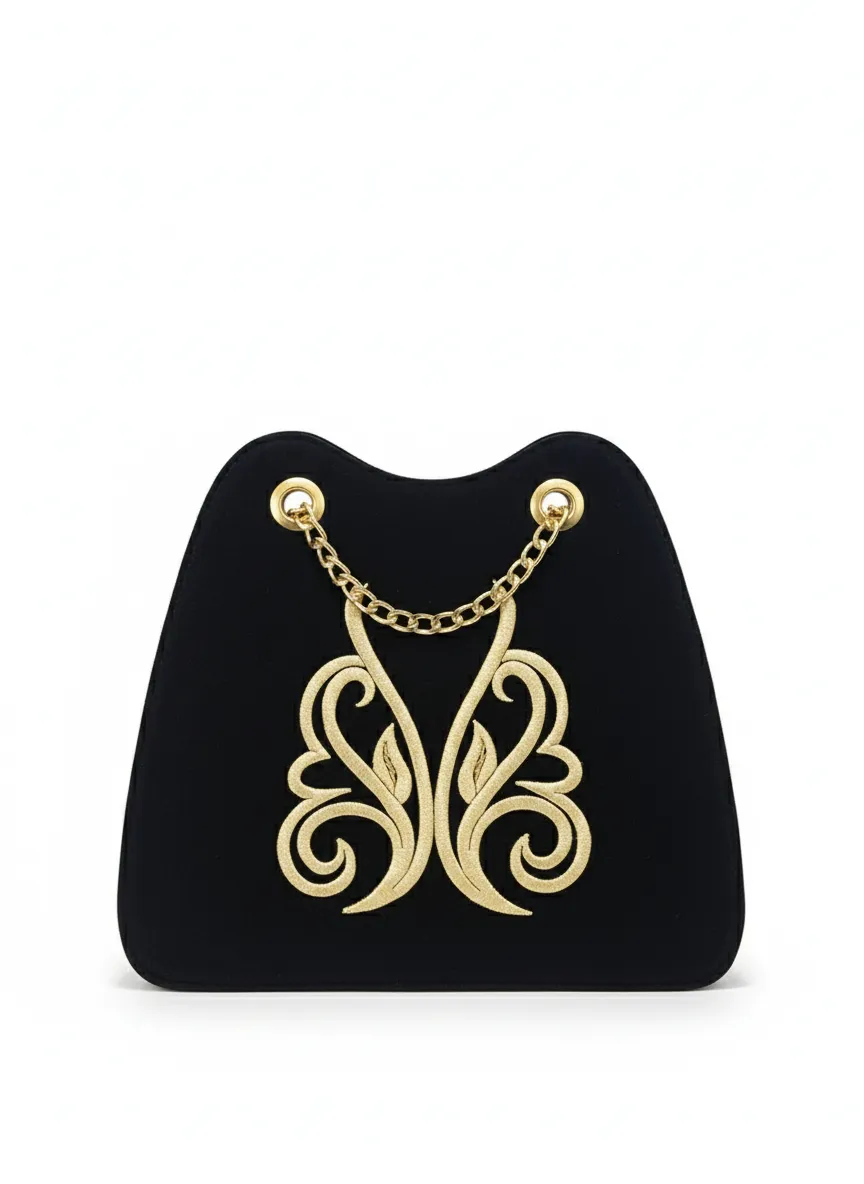 Kadın Siyah Kadife Altın İşlemeli Zincir Askılı Omuz Çantası