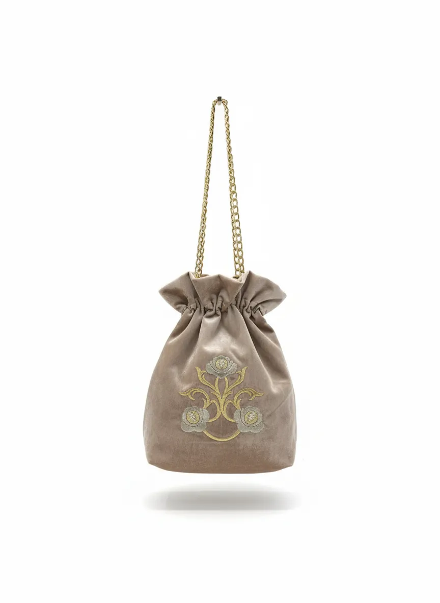 Kadife Çiçek İşlemeli Zincir Saplı Çanta