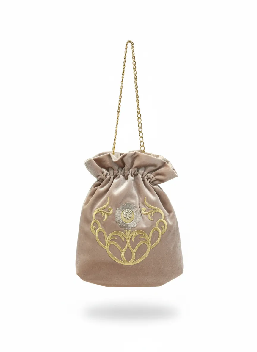 Women's Beige Velvet Floral Embroidered Chain Strap Shoulder Bag
