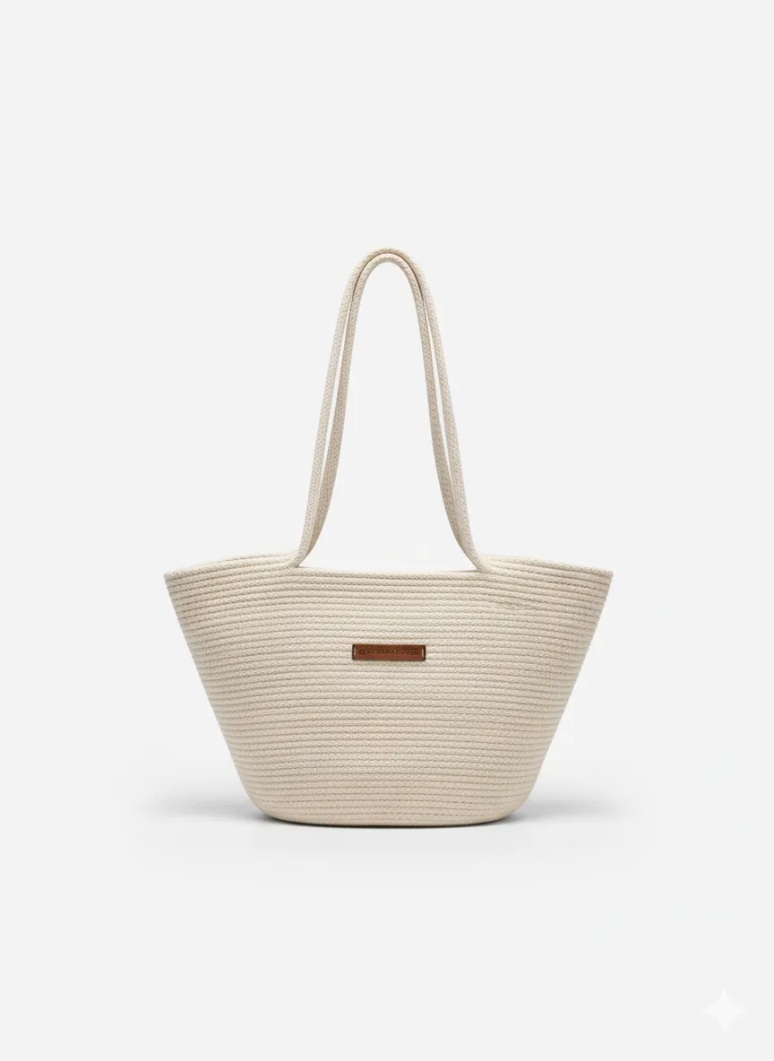 Bej Renk Hasır Görünümlü Tres Plaj Çantası – Geniş Hacimli Yazlık Omuz Çantası