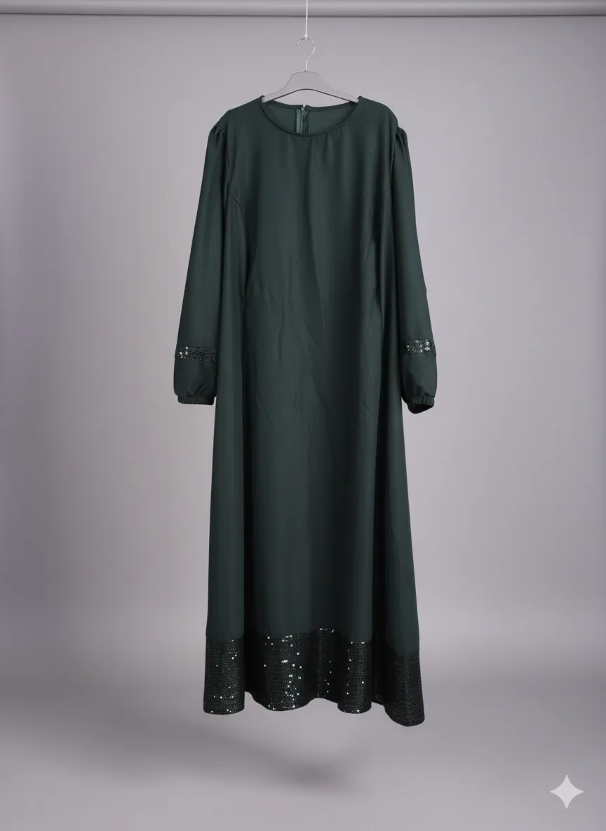 Handmade dress made from green crepe yarn.