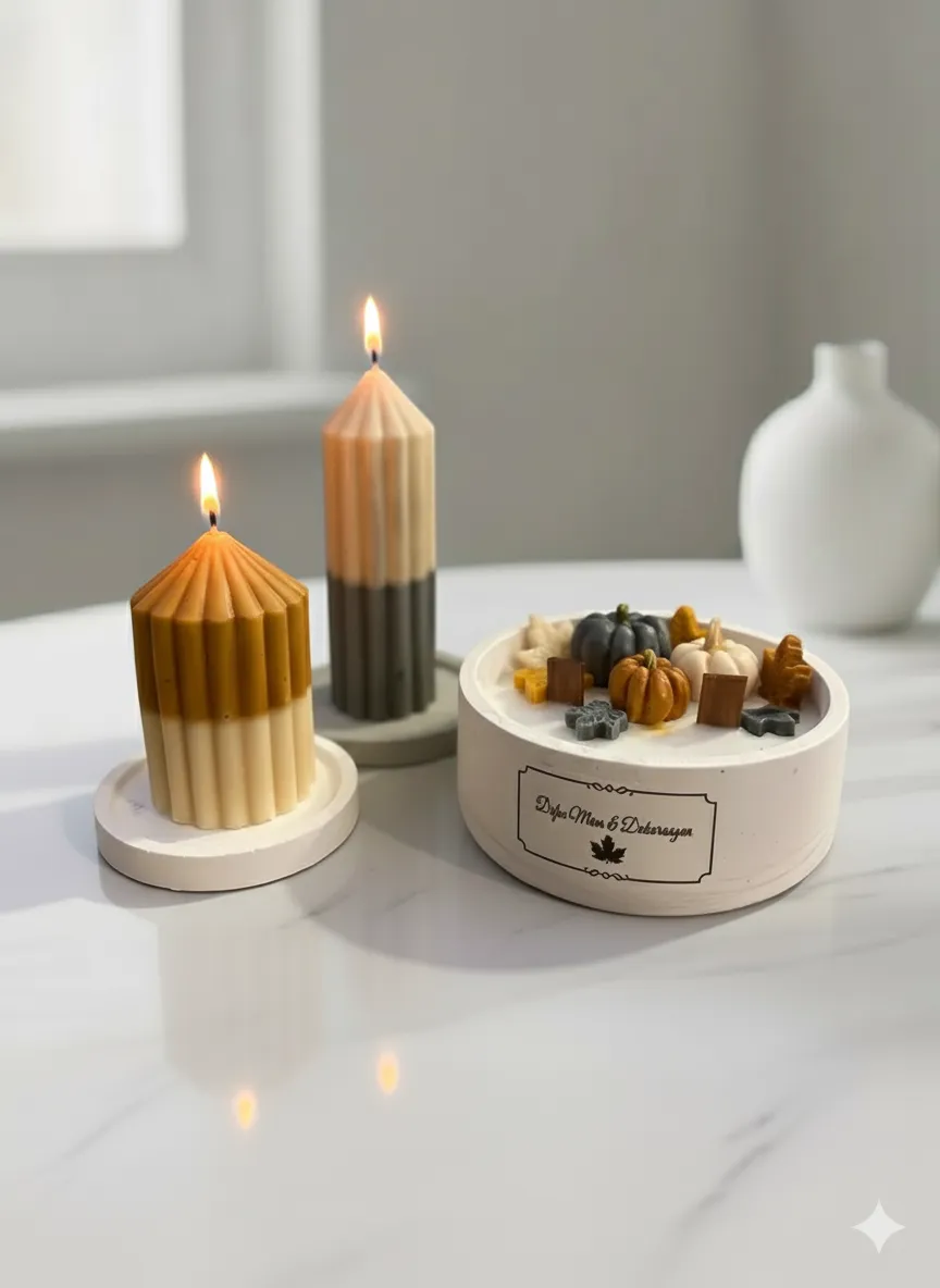 Sonbahar Temalı Dekoratif Beton Mum Seti - Sütun Mum ve El Yapımı