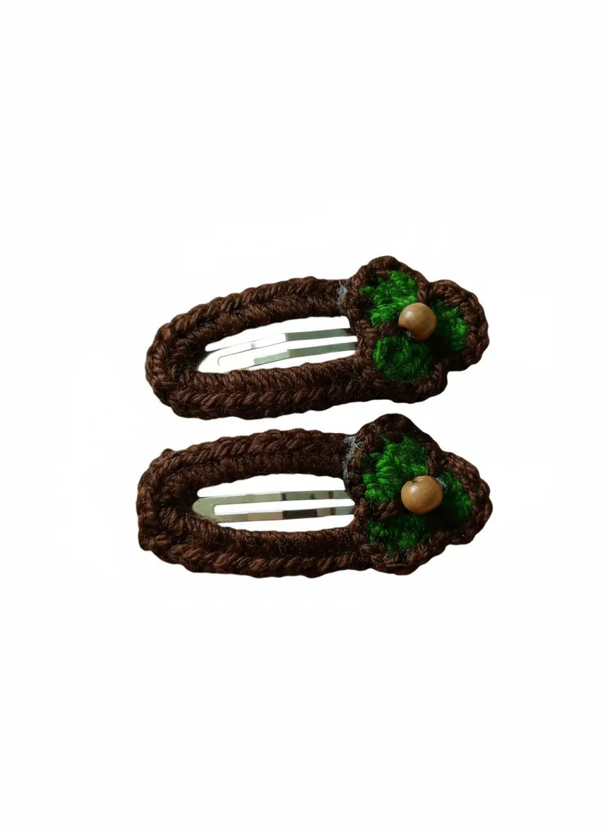 El Örgüsü Kahverengi Yeşil Yapraklı Toka – El Emeği Saç Aksesuarı