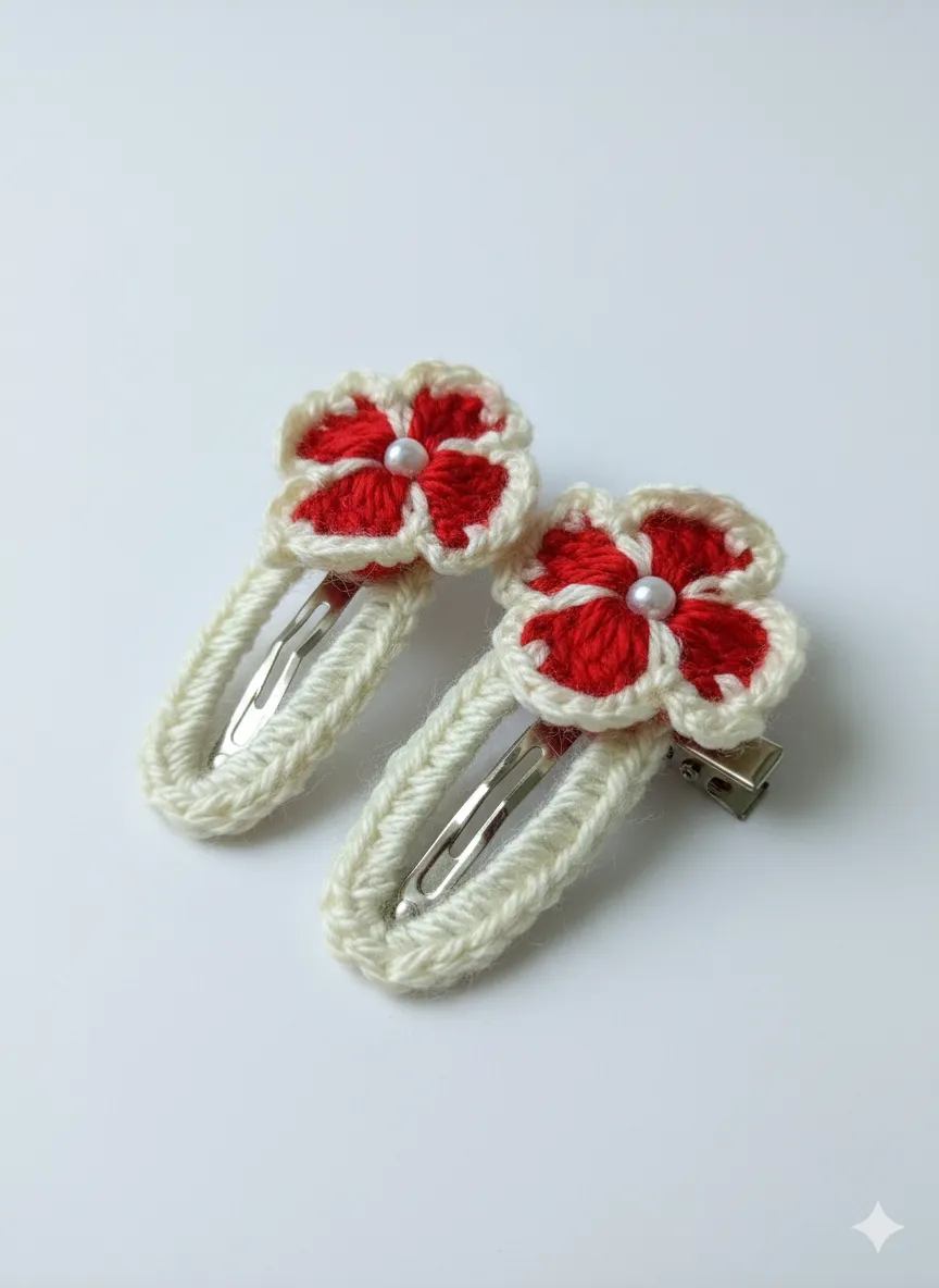 İnci Detaylı Kırmızı Çiçekli El Örgüsü Saç Tokası