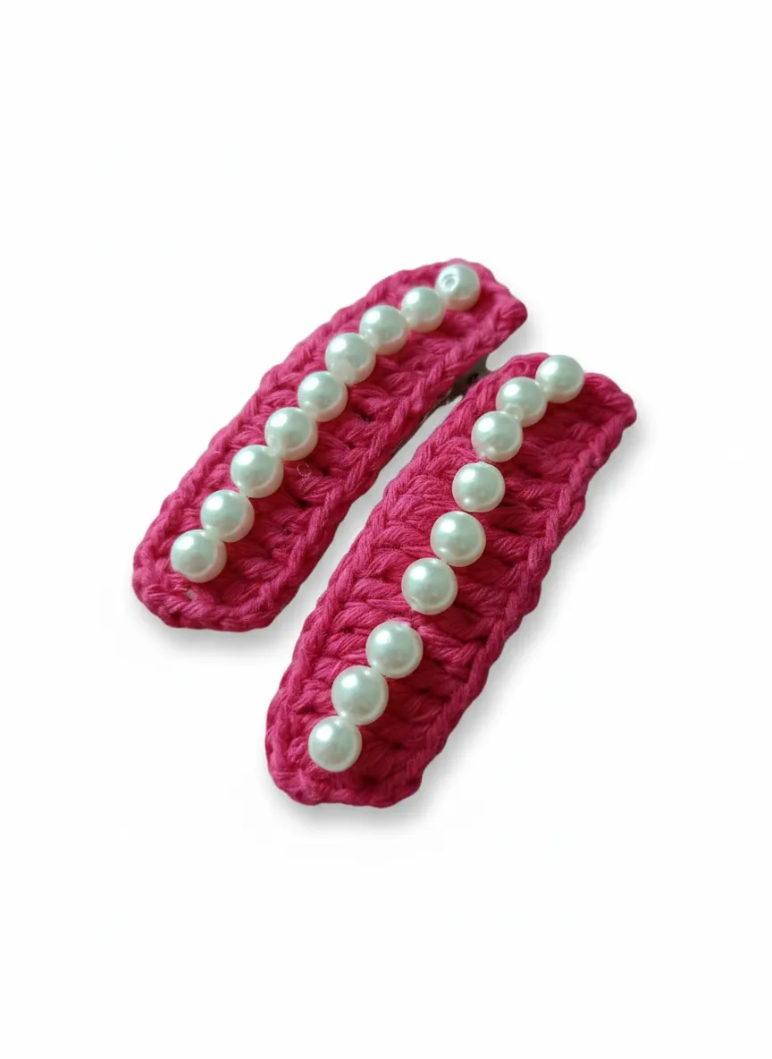 El Örgüsü İncili Fuşya Toka – El Yapımı Zarif Saç Tokası