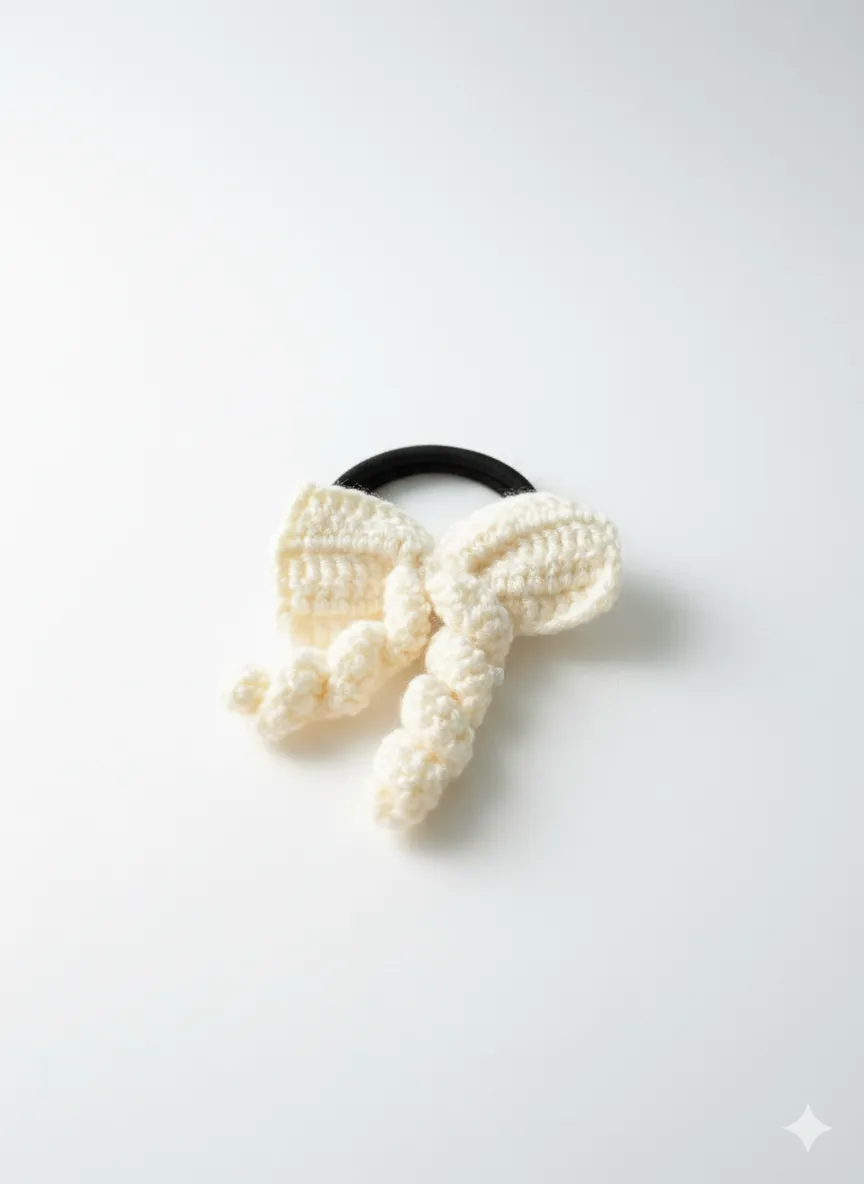 El Yapımı Krem Örgü Fiyonk Saç Lastiği