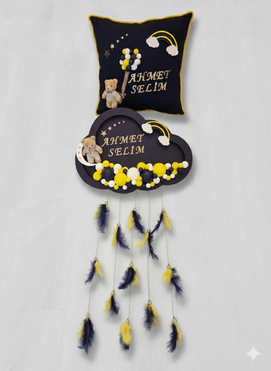 El Yapımı Gizli LED’li Ahşap Kapı Süsü ve Takı Yastığı Seti – İsimli Bebek Odası Dekoru