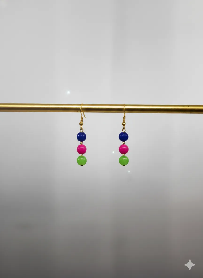 Yeşil, Pembe ve Mavi Taşlı Altın Renkli Küpe - Renkli İnci Küpe