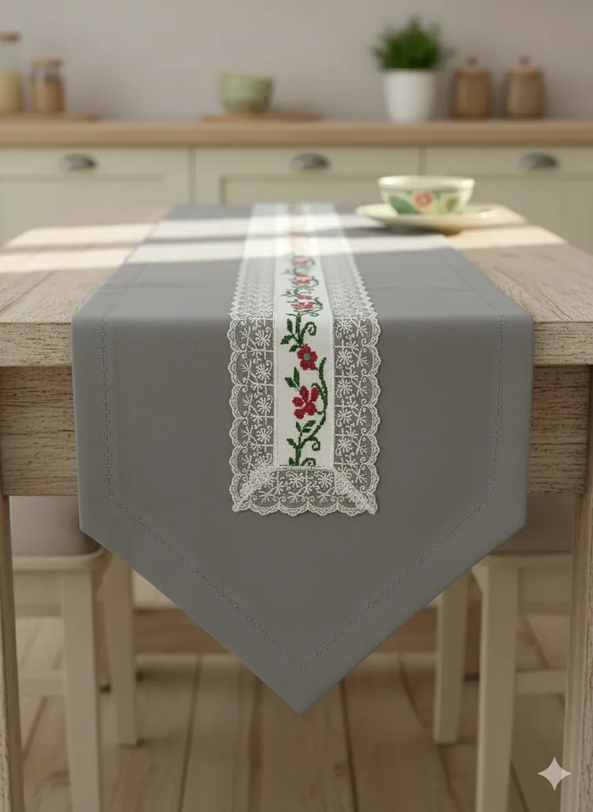 Gri Renk Nakışlı Dantel Detaylı Runner - El Emeği Masa Örtüsü