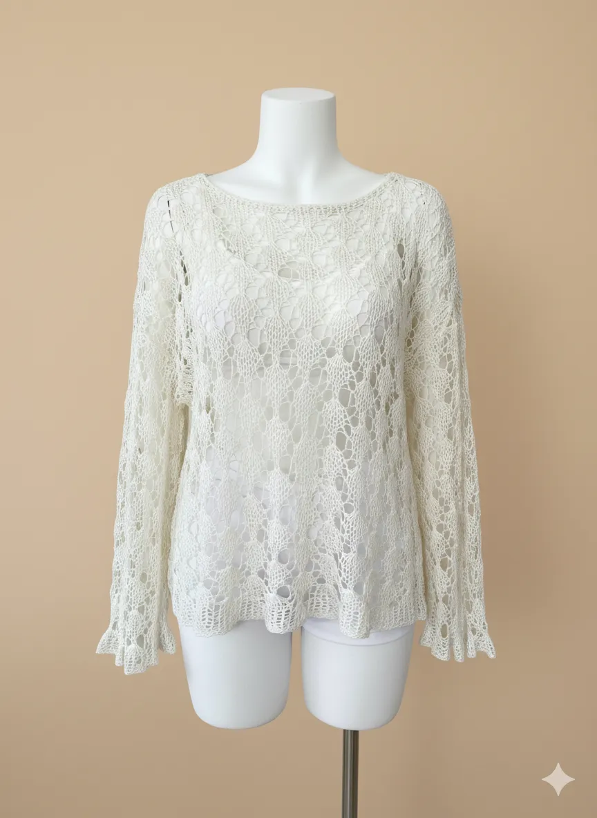 Beyaz Lase İp Örgü Bluz - Uzun Kollu, Şık ve Zarif Tasarım