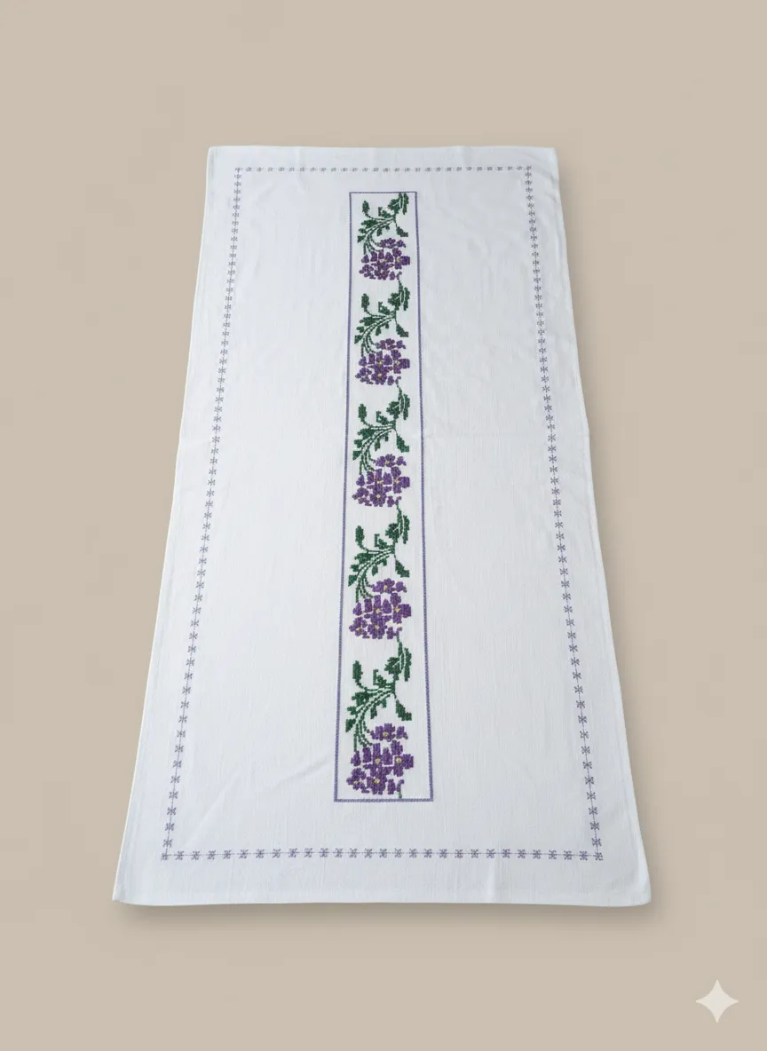 Mor Çiçek Desenli Beyaz Runner - El Yapımı Nakışlı Masa Örtüsü