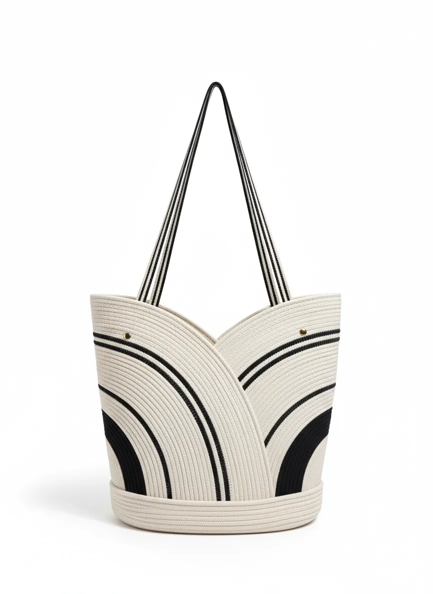 Pamuk İp Kordon Çanta - Krem ve Siyah Detaylı, El İşçiliği