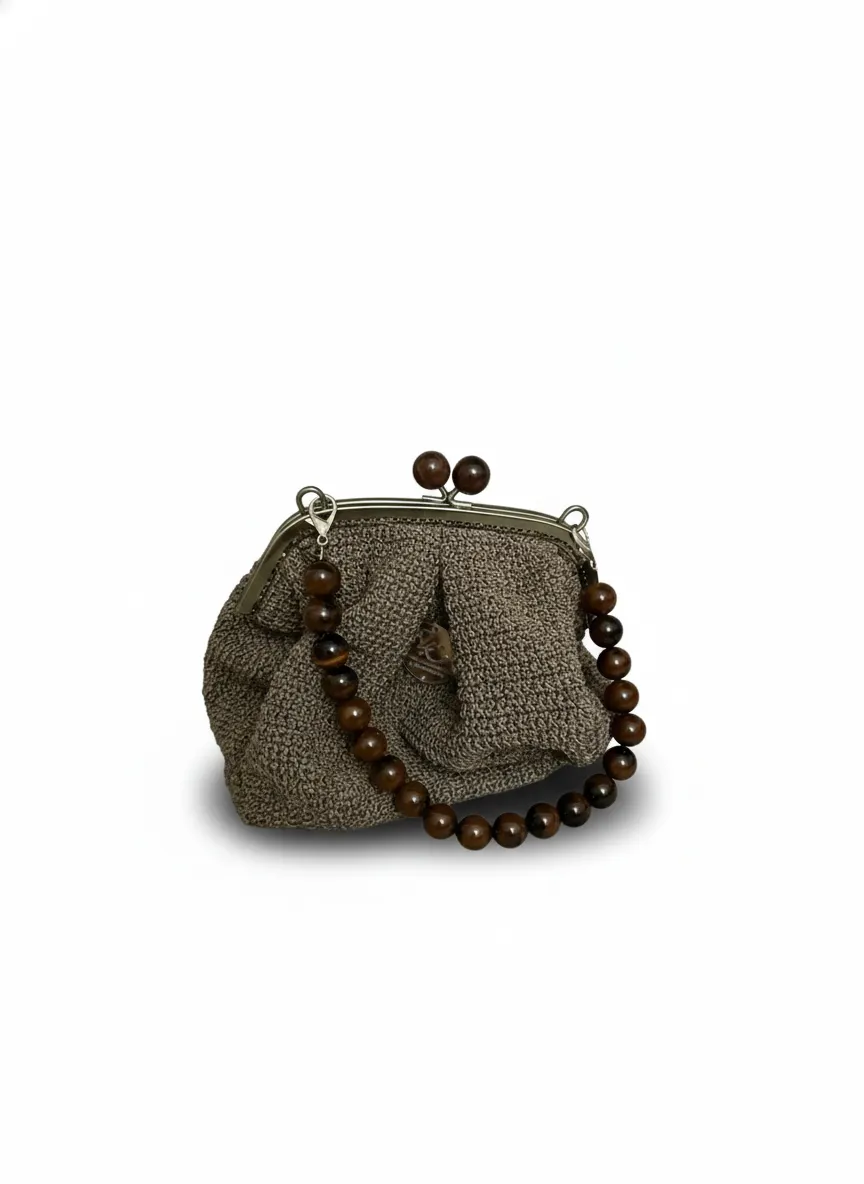 Kahverengi Tığ İşi Örgü Metal Burslu Astarlı Boncuklu Çanta