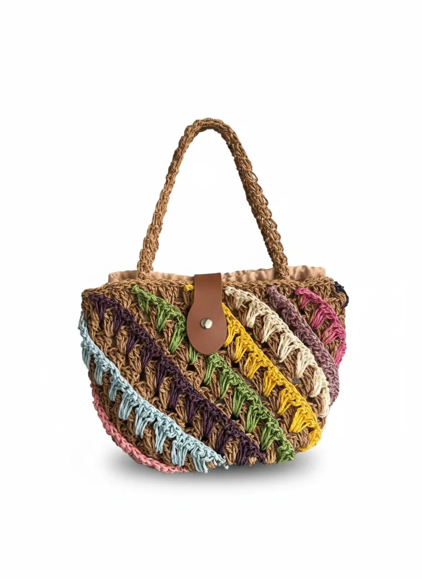 Çok Renkli Kağıt İp Örgü Omuz Çantası - El Yapımı