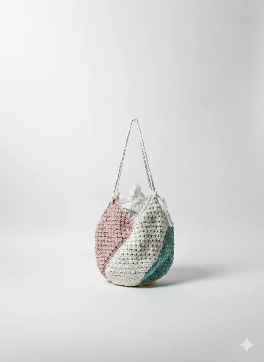 El Örgüsü Renkli Bulmaca Çanta - Pastel Tonlarda Tasarım Omuz Çantası