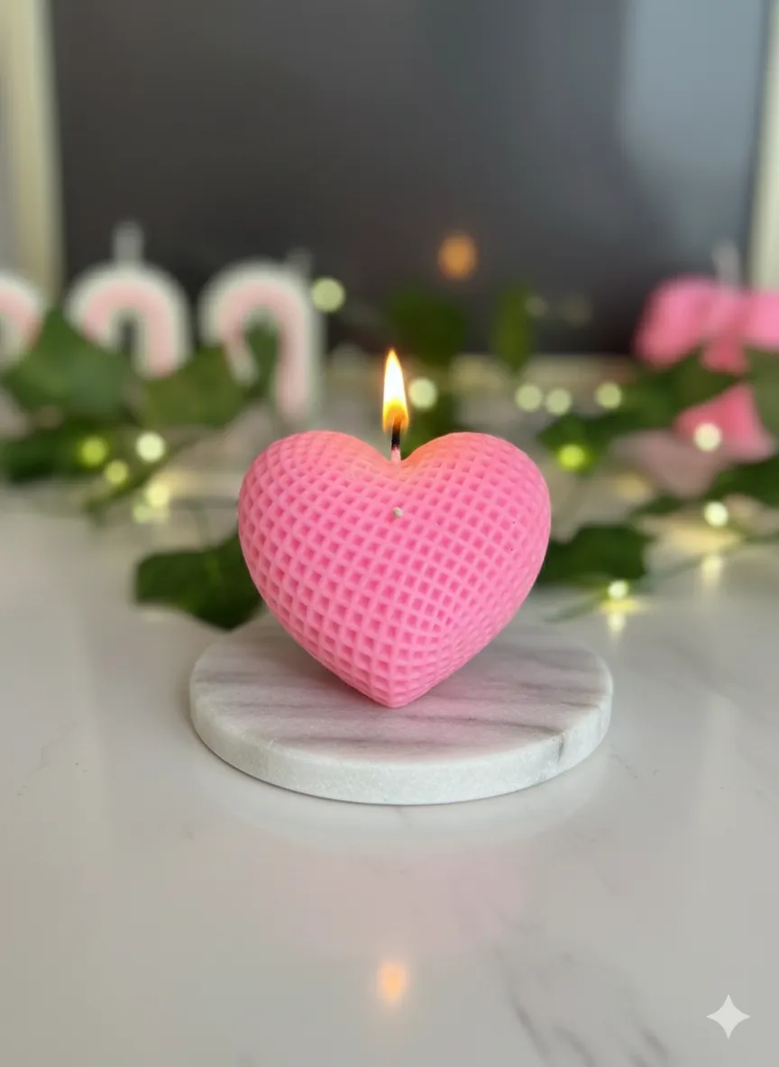 El Yapımı Kalp Şeklinde XL Mum – Pembe Dekoratif ve Hediyelik Soya Mum