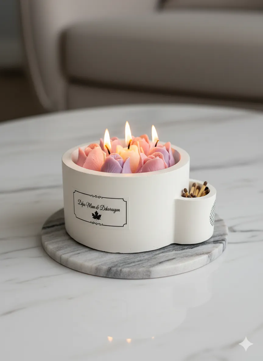 Lale Çiçek Mum Kasesi - Kibrit Bölmeli Dekoratif Tasarım”