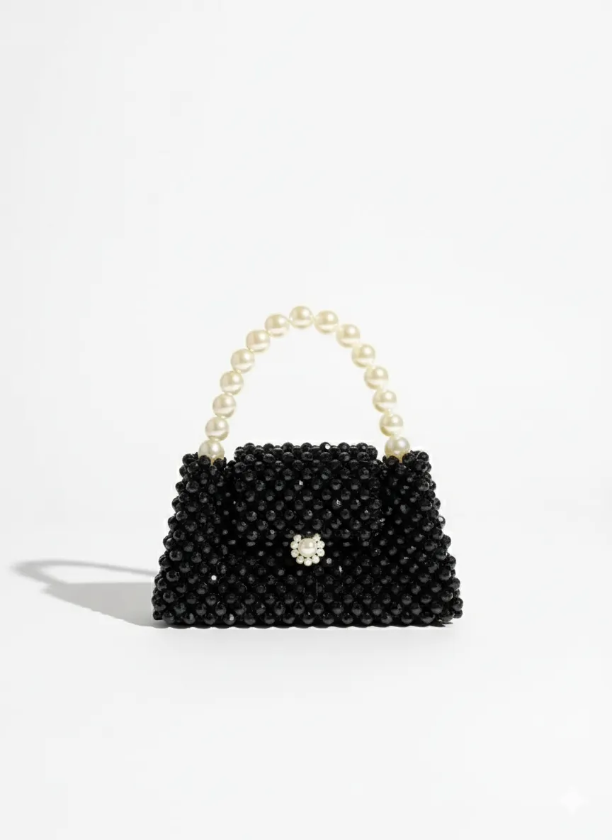 Siyah Boncuklu Abiye El Çantası - İnci Saplı Özel Tasarım